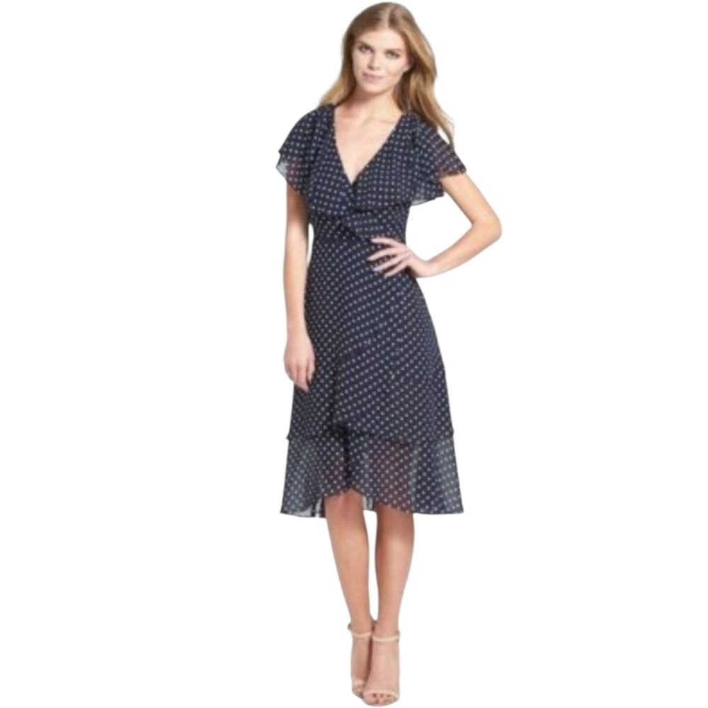 Adrianna Papell Black Polka Dot Chiffon Dress‎ Size 4